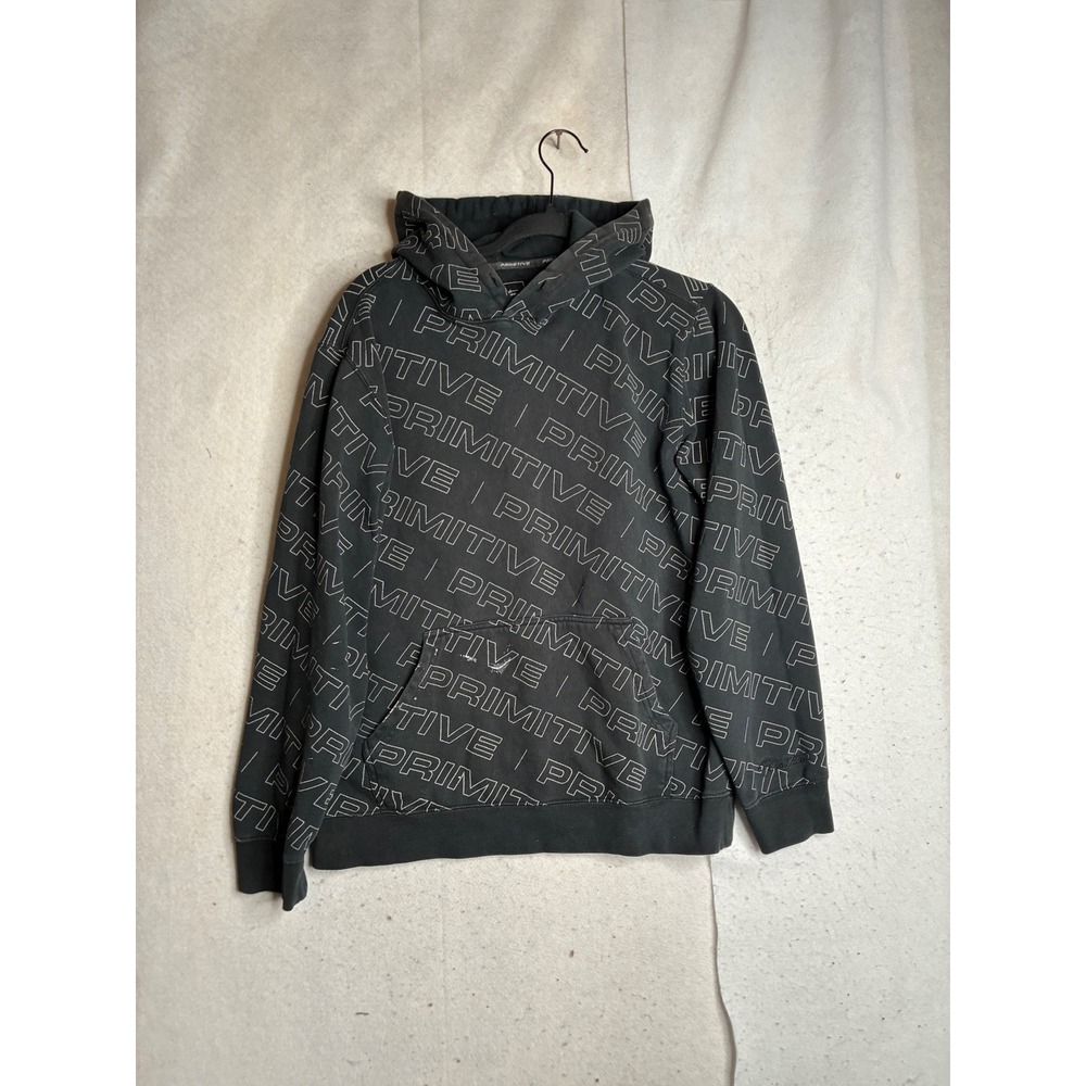 Primitive Skateboarding Mens S Black All Over Logo Print Fleece Hoodie RN128363